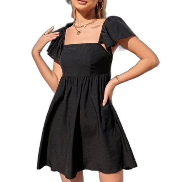 Exlura NWT Black High Waist A-Line Smocked Back Flutter Sleeve Mini Dress Sz S - Picture 1 of 16